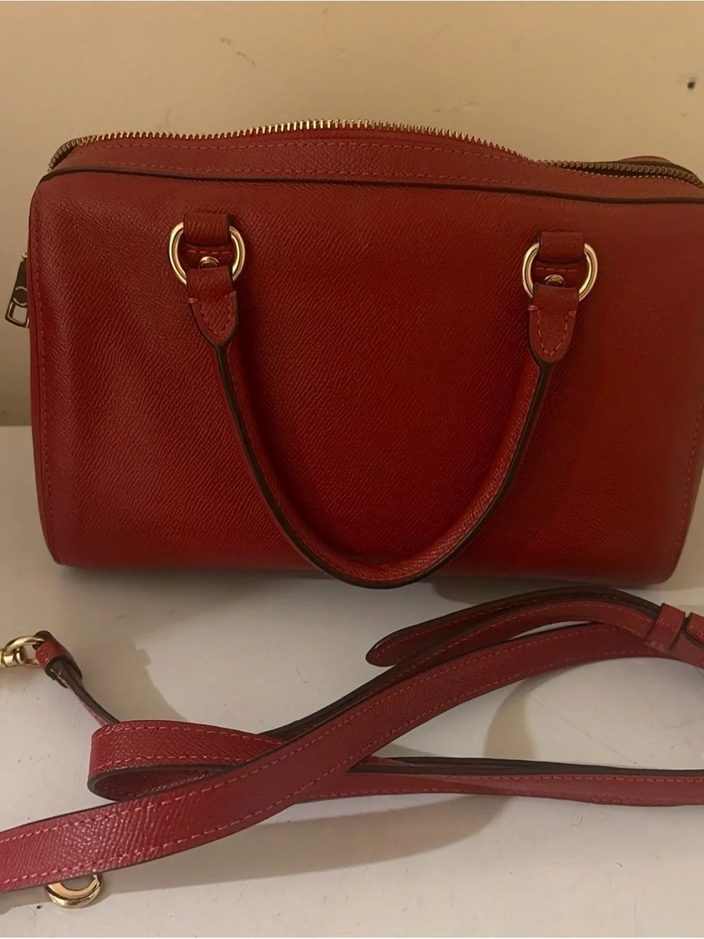 Coach Red Leather Satchel with Gold Hardware and Removable Strap